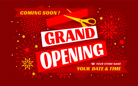 Advertisement of Grand Opening. Unusual design with red ribbon and golden scissors. Decorated with stylized stars and fireworks on the red background. Vector illustration.
