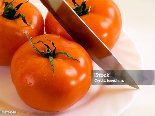 Tomatos And Knife Stock Photo - Download Image Now - Cooking, Cross Section, Cutting