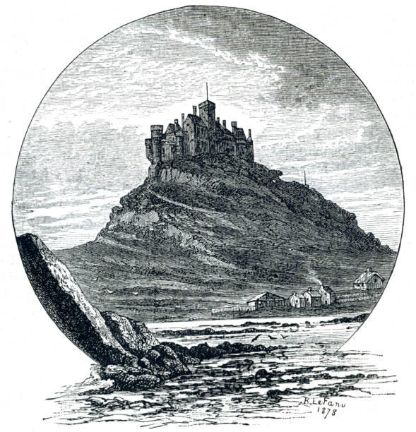 St Michaels Mount, Cornwall, England, 19th Century illustration St Michael's Mount is a tidal island in Mount's Bay, Cornwall, England, United Kingdom.
The island is a civil parish and is linked to the town of Marazion by a causeway of granite setts, passable between mid-tide and low water.
The castle and chapel have been the home of the St Aubyn family since approximately 1650.
Historically, St Michael's Mount was a Cornish counterpart of Mont-Saint-Michel in Normandy, France. St Michael's Mount is one of 43 unbridged tidal islands that one can walk to from mainland Britain. st-michaels-mount stock illustrations