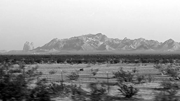 A black and white snapshot of unique rock formations in the Arizona desert.