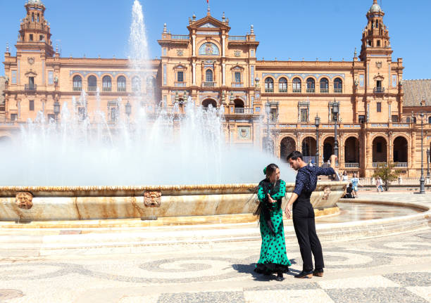 Flamenco Dancers in the Plaza de España, Seville, Spain stock photo