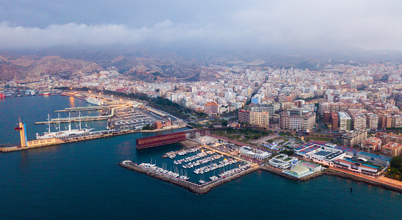 Panoramic view from drone of andalusian town Almeria, Spain, at evening