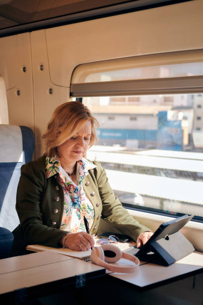 istock Woman works from a train with a tablet and a notebook. Working remotely, travel 1397394488