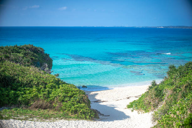 A spectacular view of Sunayama Beach, a famous tourist attraction on Miyako Island, a remote island in Okinawa Prefecture, Japan. stock photo