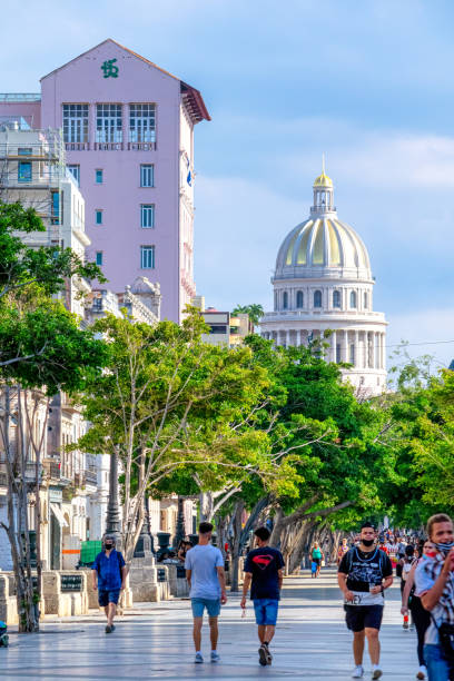 Havana, Cuba - May 15, 2022: Cuban people in their daily routines in the Paseo del Prado. El Capitolio with its golden dome is seen in the background.