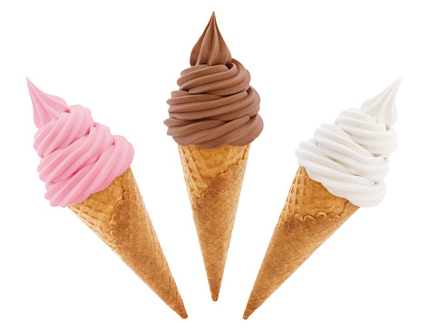 Strawberry, chocolate and vanilla soft serve ice cream wafer cones isolated on white background