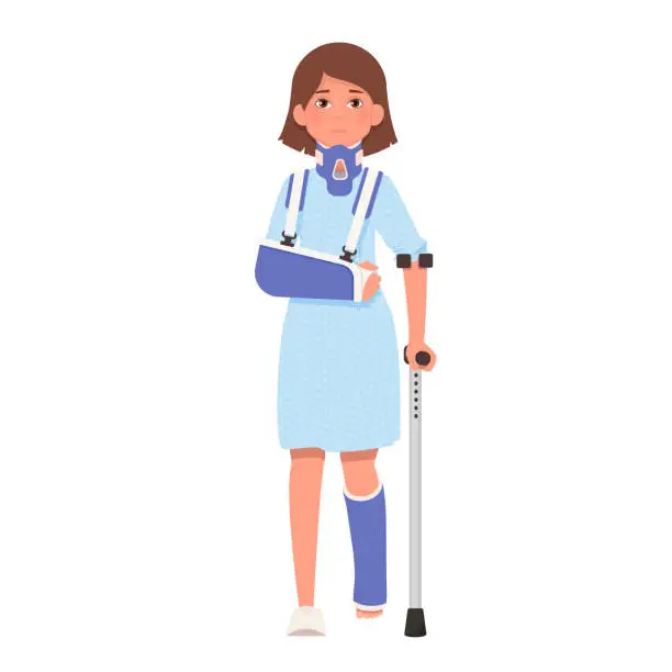 Vector illustration of Girl with broken arm and leg in gypsum