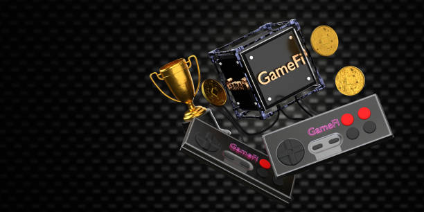 istock Cryptocurrency, joystick, cube with gamefi inscription. Game finance, play to earn technology design idea. Joystick game controller on abstract background. 3d rendering 1397397794