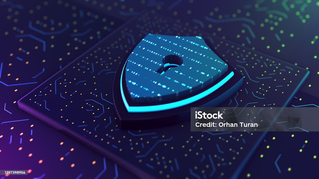 Digital shield 3D rendering stock photo. cyber security hologram with digital shield 3D rendering Security Stock Photo