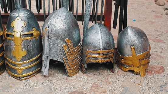 Medieval Knight Metal Helmets Sold as Souvenir Shop in European City