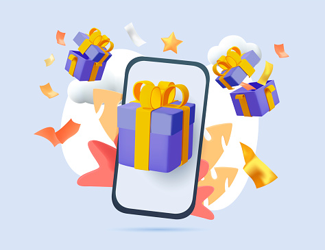 To issue gifts and coupons to consumers via mobile illustration. Phone, box, app, fortune. Gift-opening, sharing gifts online, greeting cards, guest invitation, unpacking present. 3D illustration