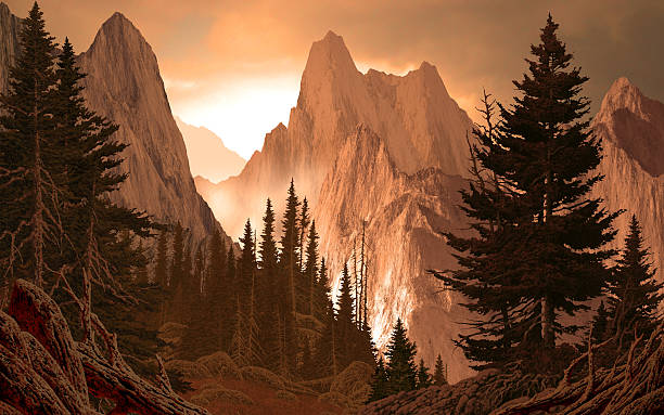 Landscape drawing of a snowy mountain range with tall trees