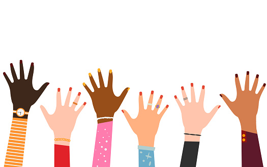 Set of hands raised up. Group of diverse human arms with accessories rising together. Vector illustration. Eps 10.