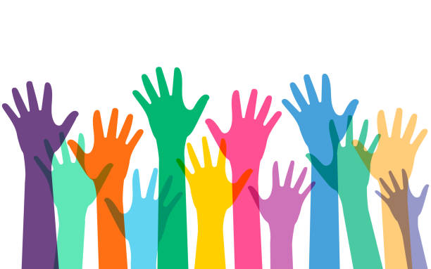 tangan berwarna-warni terangkat. ilustrasi vektor. - yayasan ilustrasi stok