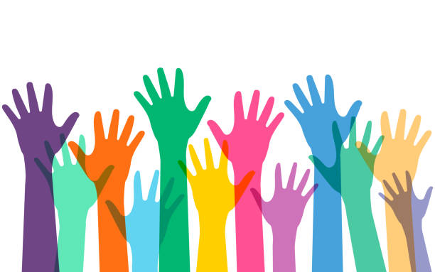colorful hands raised up. vector illustration. - hands stock illustrations