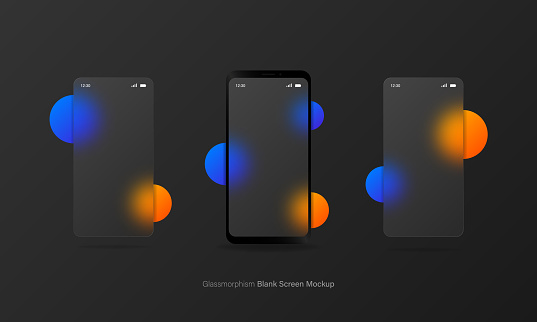 Glassmorphism smartphone blank screen, transparent glass plates with mobile app ui. Frosted glass phone screen with blurred abstract shapes. Vector EPS 10