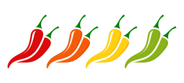 czerwona, pomarańczowa, żółta i zielona ikona papryki chili izolowana na białym tle - chili pepper spice thailand food stock illustrations