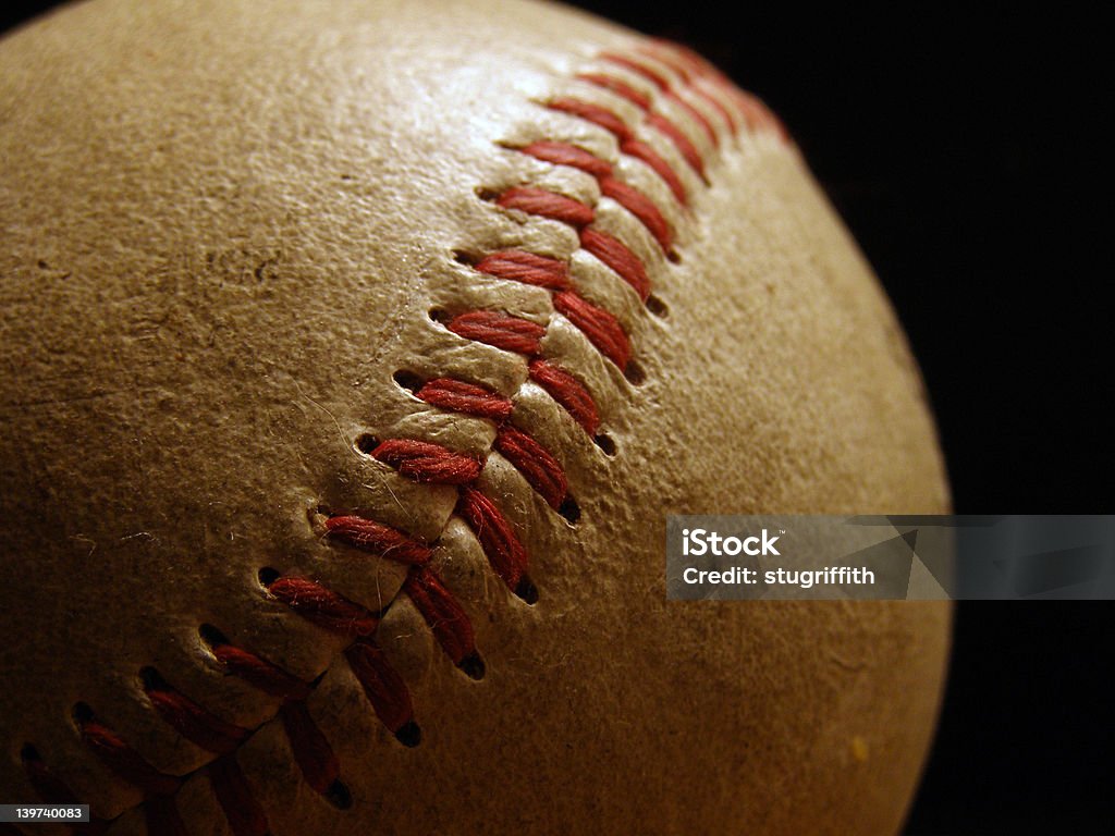 Baseball Closeup of baseball stitching. Sports Dugout Stock Photo