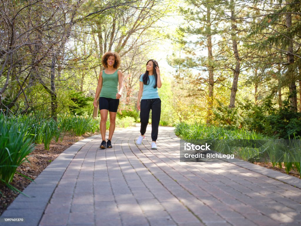 Female Friends in a Park Two female friends spending time together in a park in springtime. Walking Stock Photo