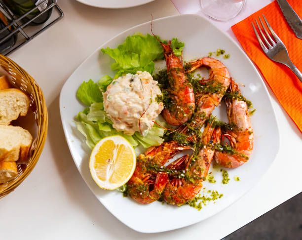 istock Shrimps with heese salad 1397402260