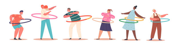 ilustraciones, imágenes clip art, dibujos animados e iconos de stock de conjunto de niños personajes masculinos o femeninos haciendo ejercicio con hula hoop rodando sobre la cintura. recreación de verano - hooping