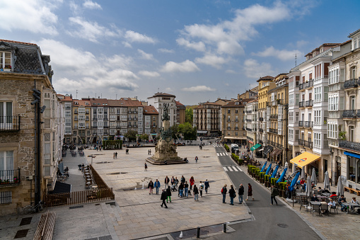 Vitoria-Gasteiz, Spain - 29 April, 2022: high angle view of the Plaza de la Virgen Blanca square in the old city center of Vitoria