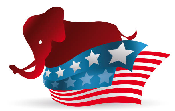 Red elephant silhouette with abstract American flag Red silhouette of elephant and conceptual American flag, with vibrant colors. us republican party stock illustrations