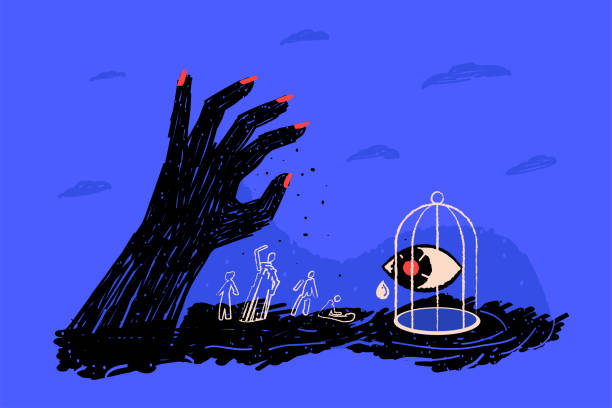 An eye in a cage watching evil, as a metaphor for the trauma of a witness, survivor, PTSD. Traumatic experience of witnessing violence. vector art illustration