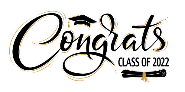 congrats class of 2022 greeting sign with academic cap and diploma. congrats graduated. congratulating banner. handwritten brush lettering. isolated vector text for graduation design, card, poster - graduation stock illustrations