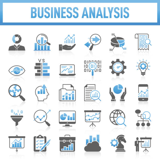 현대 유니버설 비즈니스 분석 아이콘 컬렉션. 세트에는 분석, 데이터, 빅 데이터, 연구, 검사, 차트, 다이어그램, 전문 지식, 계획, 조언 등의 아이콘이 포함되어 있습니다. - business growth solution assistance stock illustrations