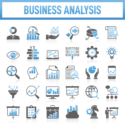 Business Analysis Flat Icon Set. Set of vector creativity icons. 64x64 Pixel Perfect. For Mobile and Web. Idea generation preparation inspiration influence originality, concentration challenge launch. Contains such icons as Analysis, Analyzing, Data, Big Data, Research, Examining, Chart, Diagram, Expertise, Planning, Advice.
