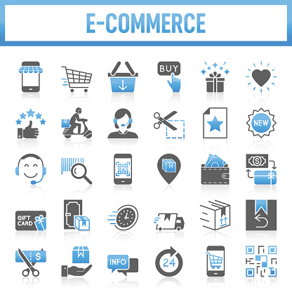 E-Commerce Flat Icon Set. Set of vector creativity icons. 64x64 Pixel Perfect. For Mobile and Web. Idea generation preparation inspiration influence originality, concentration challenge launch. Contains such icons as E-commerce, Online Shopping, Shopping, Delivering, Free Shipping, Store, Internet, Wish List, Shopping Cart, Shopping Bag, Supermarket