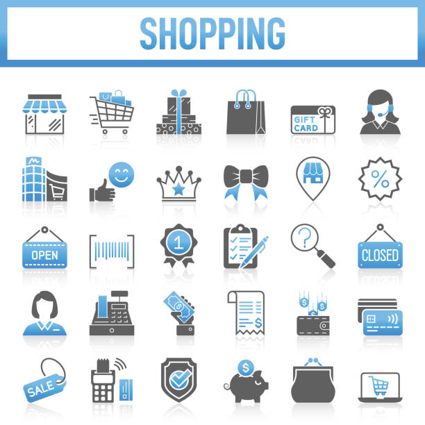 ilustrações de stock, clip art, desenhos animados e ícones de modern shopping icons collection. the set contains icons: shopping, store, shopping mall, shopping cart, shopping bag, sale, retail, buying, supermarket, market - retail space, open, shopping list - shopping e commerce internet credit card