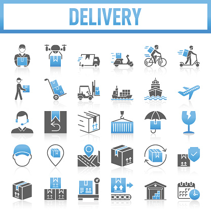 Delivery Flat Icon Set. Set of vector creativity icons. 64x64 Pixel Perfect. For Mobile and Web. Idea generation preparation inspiration influence originality, concentration challenge launch. Contains such icons as E-commerce, Online Shopping, Delivering, Freight Transportation, Shipping, Package, Speed, Container, Box - Container, Cargo Container, Distribution Warehouse, Warehouse, Delivery Person