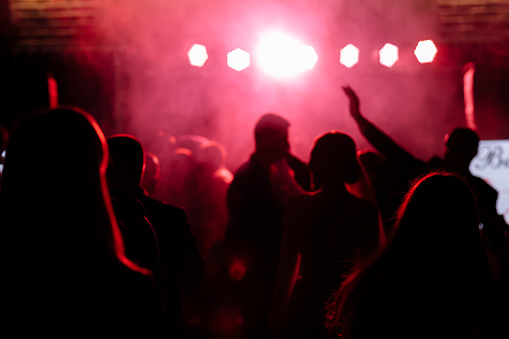 cheering crowd in front of bright red stage lights. Silhouette image of people dance in disco night club or concert at a music festival