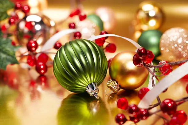 Christmas setting of ornaments with a metallic feel.