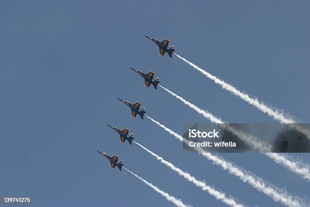 Five Jets Flying In Formation Across The Blue Sky Stock Photo - Download Image Now - Fighter Plane, Arrangement, Pattern
