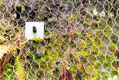 Steel mesh bolted to a rockface to prevent rockfalls.