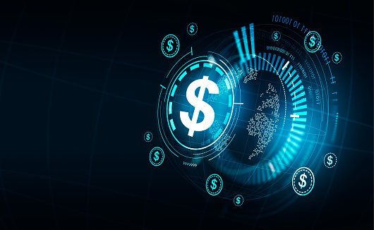 Financial hologram with dollar icons, earth sphere and binary. Cashback and money refund. Concept of online payment and transfer. 3D rendering