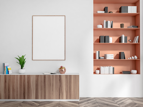 Front view on bright office room interior with empty white poster, sideboard, shelves with books and oak wooden hardwood floor. Concept of place for working process. Mock up. 3d rendering