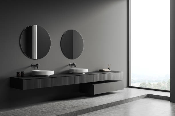 istock Grey bathroom interior with sink and mirror, accessories and panoramic window 1397416011