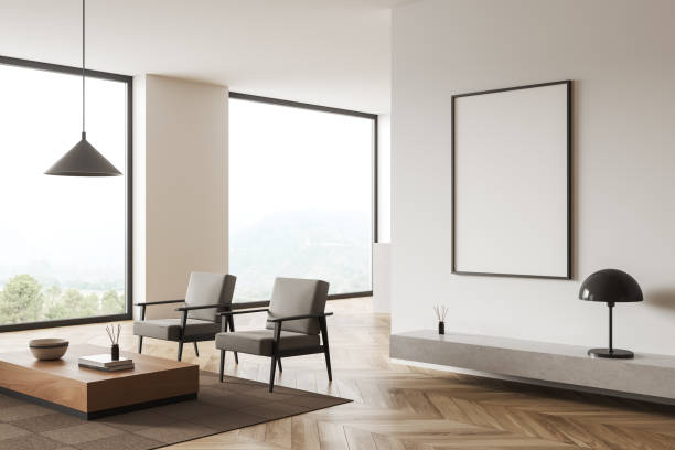 istock Corner view on bright studio room interior with white poster 1397416051