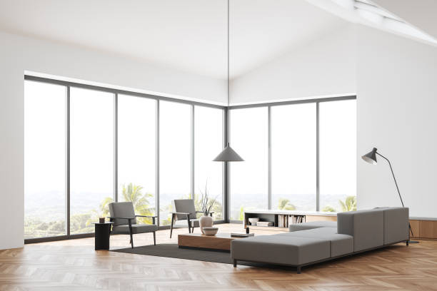 istock Living room interior with chair and couch, shelf and panoramic window 1397416217