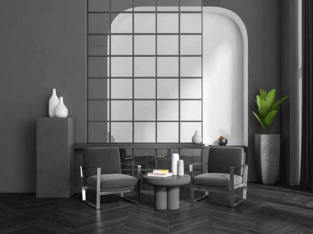 istock Relax room interior with chairs and art decoration, coffee table and partition 1397417302