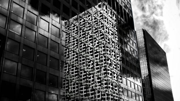 Abstracted wide shot of Los Angeles skyscrapers reflected in the windows of other skyscrapers