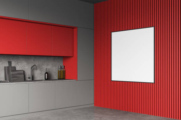 istock Corner view on dark kitchen room interior with white poster 1397417453