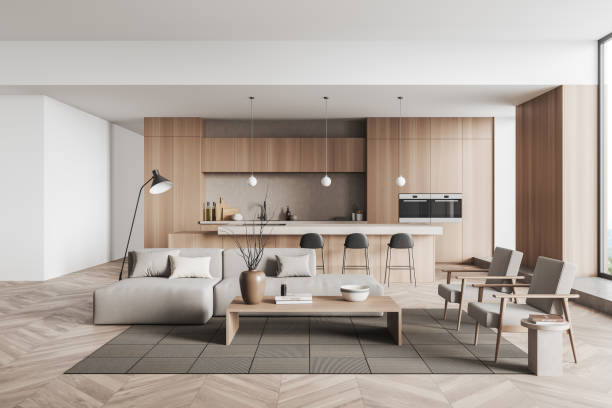 istock Light kitchen interior with chill space and cooking area, window 1397417578