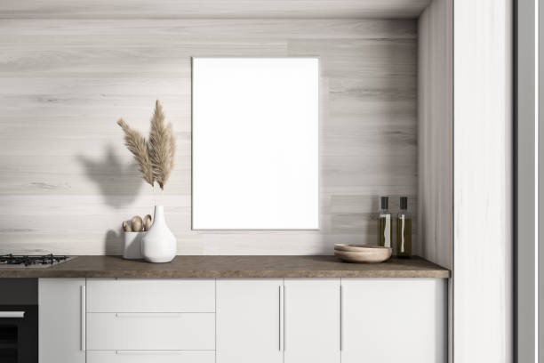 istock Close up view on kitchen room interior with white poster 1397417787