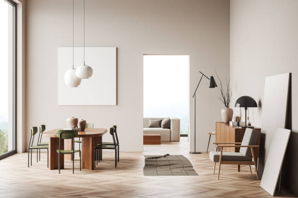 istock Light relax room interior with modern furniture, drawer and mockup frame 1397417928