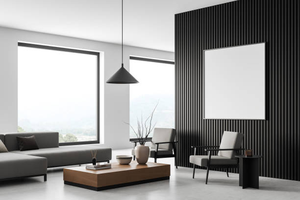 istock Corner view on bright living room interior with white poster 1397417931